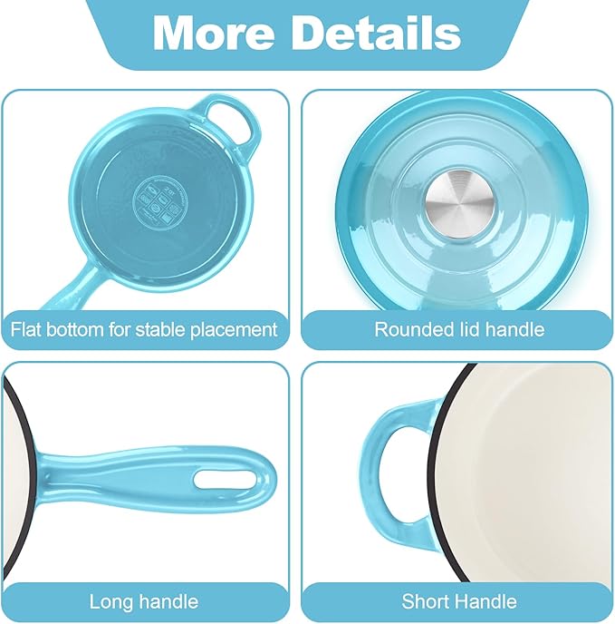 HaSteeL 2 QT Cast Iron Saucepan, Mini Enamel dutch oven with lid, Small Non Stick Pan for Milk, Pasta Tomato Sauce, Butter, Breakfast, Soup, Suitable for Boiling Stewing Frying, Easy to Clean, Blue