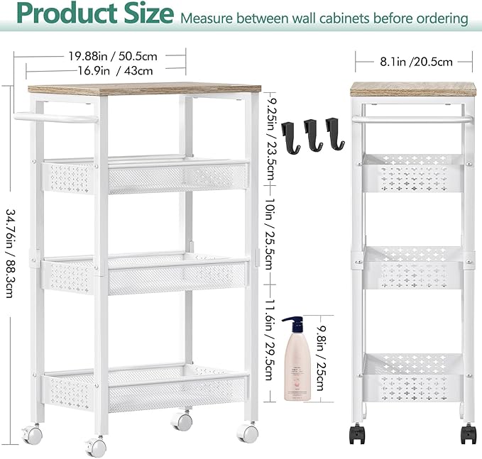Vivihomety Utility Slim Storage Cart with Wheels, 4 Tier Small Rolling Cart with Wood Top, Metal Kitchen Bathroom Laundry Room Organization Trolley with Handle for Narrow Space - White - Image 4