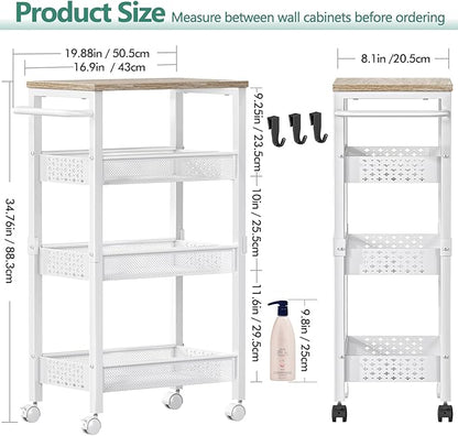 Vivihomety Utility Slim Storage Cart with Wheels, 4 Tier Small Rolling Cart with Wood Top, Metal Kitchen Bathroom Laundry Room Organization Trolley with Handle for Narrow Space - White - Image 4