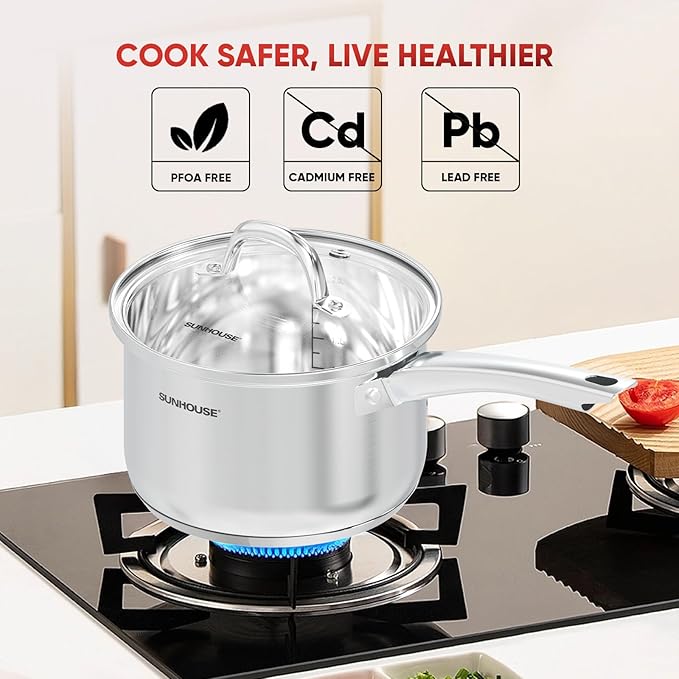SUNHOUSE – 3 Quarts Stainless Steel Sauce Pan with Lid - PFOA-Free, Stainless Steel Sauce Pan, Advanced Impact Bonding Induction Base, Stay-Cool Handle, Compatible with All Cooktops - Image 7