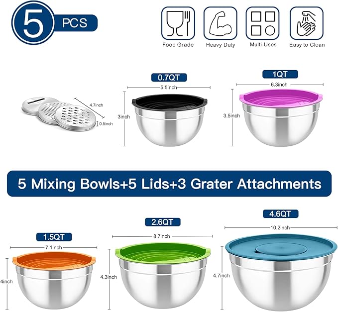 TeamFar Mixing Bowls with Lids, 5PCS Stainless Steel Metal Salad Bowl with 3 Grater Attachments, for Cooking, Prepping, Serving, Healthy, Airtight Lids & Easy Clean - 0.7/1 / 1.5/2.6/4.6QT - Image 2