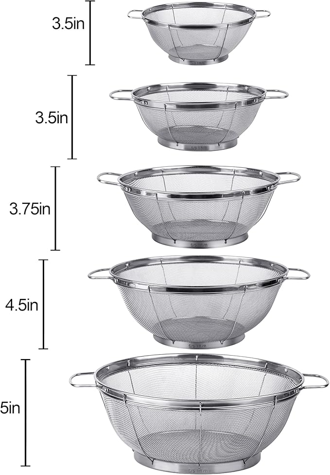 5 Pack 18/8 Stainless Steel Colander Sieves, Multi Size Mesh Strainer Net Baskets with Handles & Resting Base for Strain, Drain, Rinse or Steam - Image 5