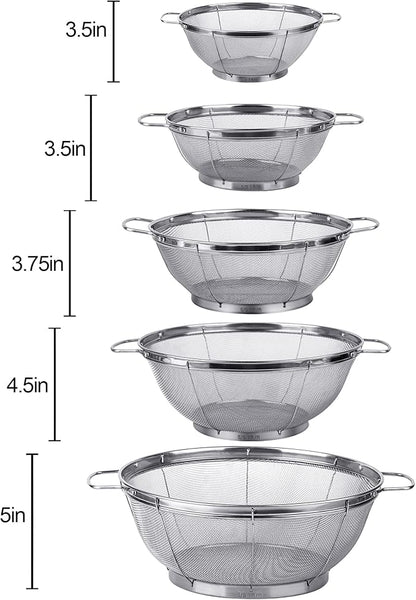 5 Pack 18/8 Stainless Steel Colander Sieves, Multi Size Mesh Strainer Net Baskets with Handles & Resting Base for Strain, Drain, Rinse or Steam - Image 5