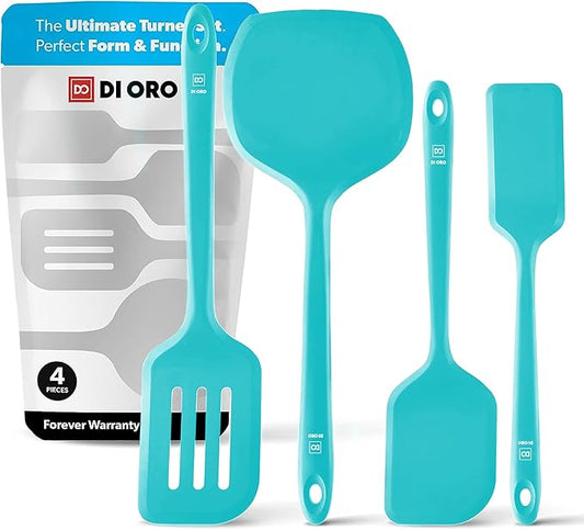 New DI ORO Silicone Turner Spatula Set - Kitchen Spatulas for Nonstick Cookware - Cooking Utensils for Flipping Eggs & Pancakes - 600°F Heat-Resistant BPA Free Turners - Dishwasher Safe (4pc, Teal) by DIORO