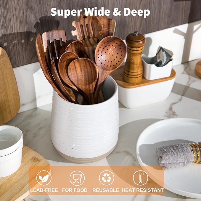 6.8" Large Ceramic Kitchen Utensil Holder - Utensil Holder for Kitchen Counter, Modern Farmhouse Style Holder for Spoons, Spatulas & Cooking Tools (White) - Image 4