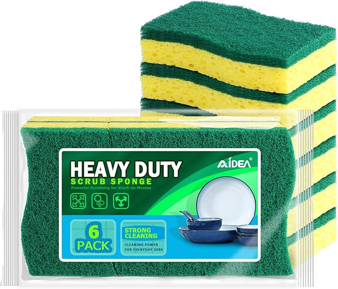 AIDEA Sponges Kitchen, Heavy Duty Scrub Sponge, 6Count, Sponges for Dishes, Cellulose Kitchen Sponge, Scrubbing Power for Tough Messes, Cleaning Power for Non Coated Cookware, Dishes, Pots, Pans by AIDEAHOME