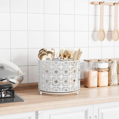 YIUKEA Rotating Utensil Caddy Holder - Higher Raised Cutlery Caddy Countertop - Metal Silverware Caddy Organizer with 4 Compartment for Kitchen Counter Party Office white - Image 2