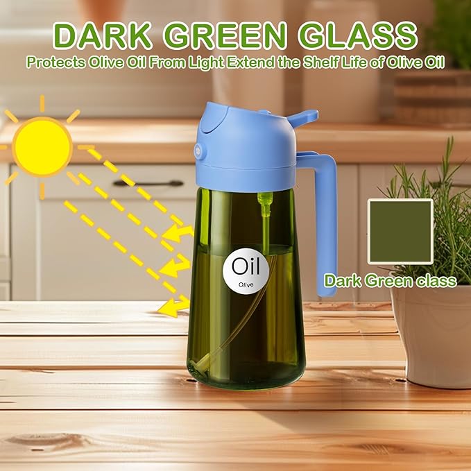 YARRAMATE 16oz/470ml Dark Green Oil Sprayer for Cooking with Stickers, Food-grade Premium 2 in 1 Olive Oil Dispenser Bottle for Kitchen Gadgets, Air Fryer, Salad, Frying, BBQ (SkyBlue) - Image 3