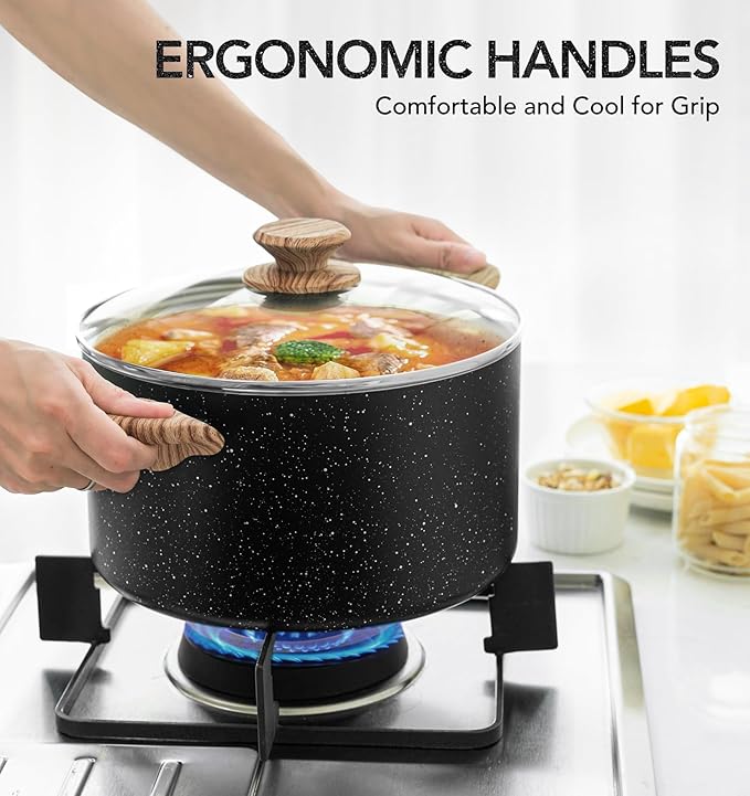 MICHELANGELO Stock Pot with Lid, 5 Quart Cooking Pot Nonstick, Granite Soup Pots with Lid, Induction Pot with Stay-cool Handle, 5 Qt Stockpot Non Stick Pots Black - Image 6