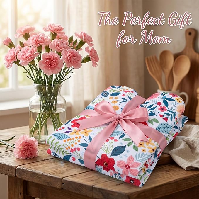 Floral Apron and Oven Mitt Set 5 Piece,Pioneer Woman Style Kitchen Aprons with Pockets, Heat Resistant Oven Gloves and Pot Holders Trivets, Vintage Farmhouse Decor Cooking Baking Gifts.