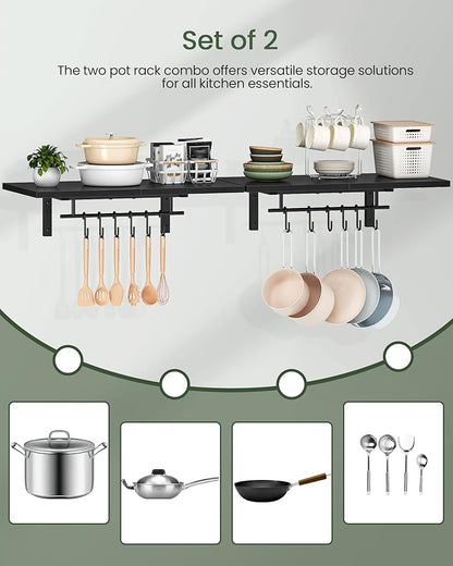 CHOEZON Wall-Mounted Pot Racks, Set of 2 Hanging Pot Rack, Floating Shelves, Vintage Pot Hangers for Kitchen, 2-Tier Hanging Shelves for Kitchen Storage, Black TPR26P2BB