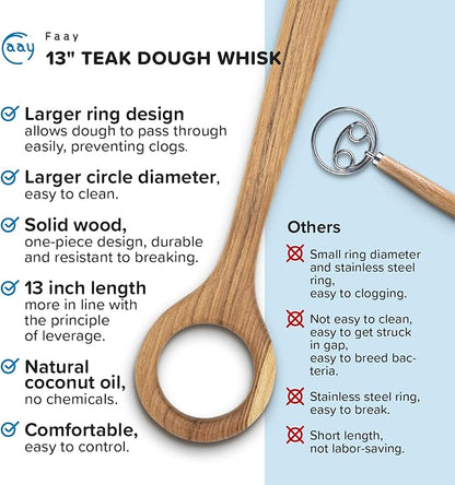 FAAY 13" Dough Whisk, 100% Healthy Teak Kitchen Utensils for Bread Mixing, Sourdough, Batter Preparation, Baking, and Cooking Tools - Image 6