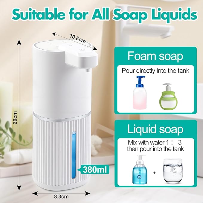 Automatic Soap Dispenser, Foaming Soap Dispenser Touchless with Continuous Dispensing, 4-Level Adjustable, Rechargeable Hand Soap Dispensers, Wall Mounted or Countertop for Bathroom & Kitchen