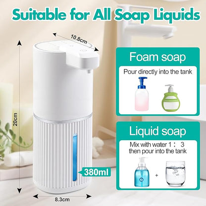 Automatic Soap Dispenser, Foaming Soap Dispenser Touchless with Continuous Dispensing, 4-Level Adjustable, Rechargeable Hand Soap Dispensers, Wall Mounted or Countertop for Bathroom & Kitchen