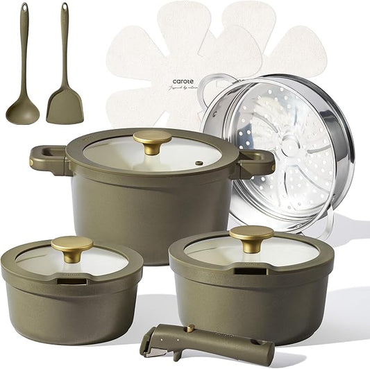 CAROTE Ceramic Saucepan Set 5.5QT/3QT/2QT，Nonstick Cooking Pots Set with Detachable Handles，Non-toxic Stock Pots with Lid，Induction Comptable，PFAS and PFOA Free，Olive Green by CAROTE