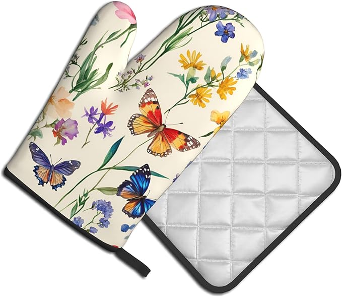 Vintage Floral Oven Mitts and Pot Holders Spring Summer Kitchen Accessories Set of 2 Wildflower Herb Flowers Gloves Potholder for Chef Cooking Baking Grilling BBQ - Image 2