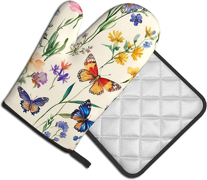 Vintage Floral Oven Mitts and Pot Holders Spring Summer Kitchen Accessories Set of 2 Wildflower Herb Flowers Gloves Potholder for Chef Cooking Baking Grilling BBQ - Image 2