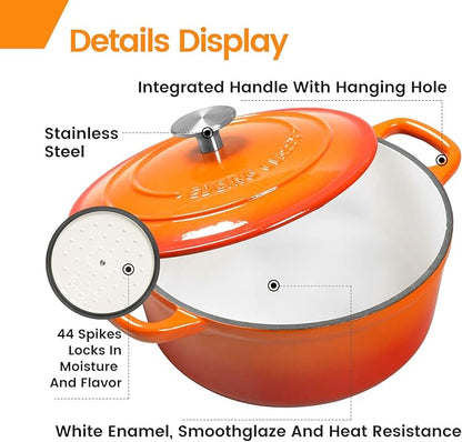 EDGING CASTING Enameled Cast Iron Dutch Oven, 5.5 Quart, Round Cast Dutch Ovens Pot with Lid Dual Handle for Bread Baking, Oven Safe up to 500°F, Orange - Image 4