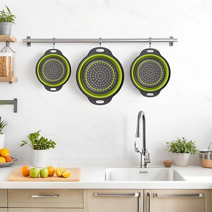 Collapsible Colander 3-Pack Set Space-Saving Foldable Kitchen Strainer with Non-Slip Base Durable Thickened PP+TPE Collapsible Strainers for Pasta, Vegetables, Fruits (Gray-Green) - Image 7