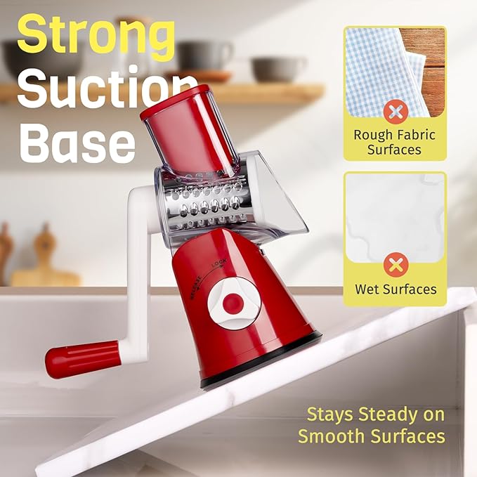 Cheese Grater Hand Crank, Rotary Cheese Shredder with 3 Interchangeable Blades for Coarse, Fine Shredding and Slicing, Strong Suction Base for Pizza, Pasta, Salad, Vegetables, Nuts, Chocolate - Image 6