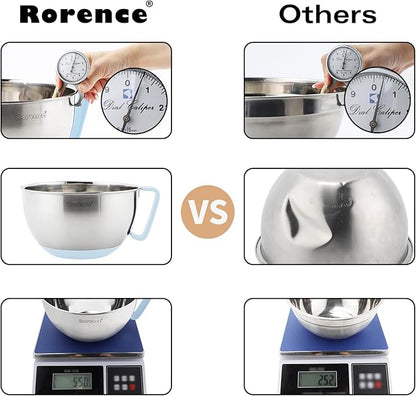 Rorence Stainless Steel Mixing Bowls Set: Non-Slip Silicone Bottom Kitchen Bowls with Pour Spout, Handle and Lid - Set of 3 - Light Blue - Image 6