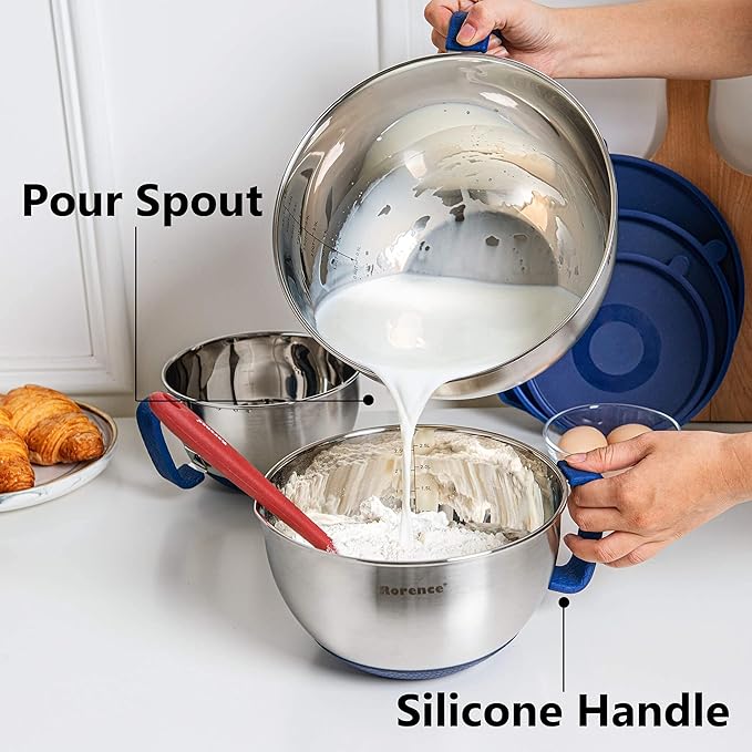 Rorence Mixing Bowls Set: Stainless Steel Non-Slip Bowls with Pour Spout, Handle and Lid - Set of 3 - Blue - Image 6