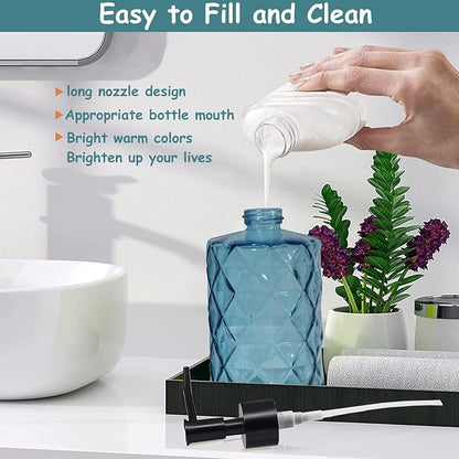 Blue Glass Soap Dispenser with Black Plastic Pump, 12oz Refillable Liquid Hand Soap Dispenser, 2 Pack Crystal Lotion Bottle for Modern Home Decor, Bathroom, Kitchen Countertop, Hotel
