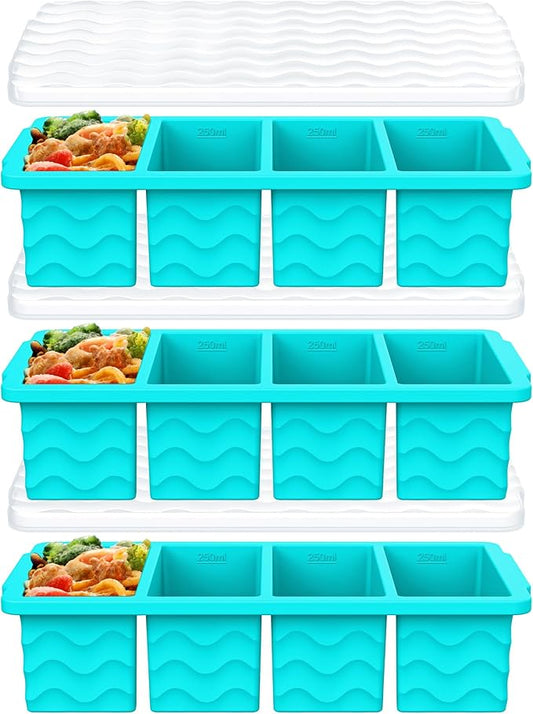 3-Pack Silicone Freezer Trays with Lid, Soup Freezer Container Molds, Silicone Freezer Molds, Ice Cube Tray for freezing Soup Sauce Broth Leftovers, Dishwasher & Oven Safe, BPA Free (1-cup,blue)