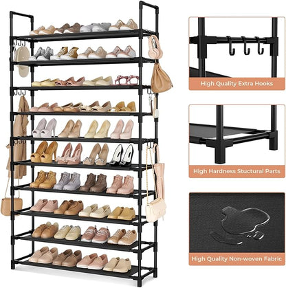 LANTEFUL Tall Shoe Rack 10 Tier Shoe Organizer Large Shoe Shelf with 18 Hooks Storage for 50 Pair, Stackable Vertical Shoe Rack Organizer for Closet, Entryway, Bedroom - Image 4
