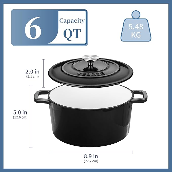 Velaze 6 QT Enameled Cast Iron Dutch Oven, Dual Handles Dutch Oven Pot with Lid,Heavy-Duty Non-stick Round Dutch Oven for Bread Baking, Stewing, Roasting, Good Sealing for All Heat Source (BLACK) - Image 6