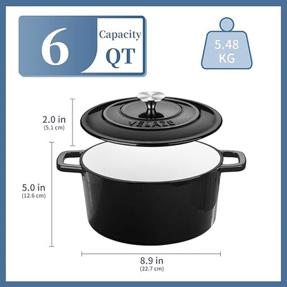Velaze 6 QT Enameled Cast Iron Dutch Oven, Dual Handles Dutch Oven Pot with Lid,Heavy-Duty Non-stick Round Dutch Oven for Bread Baking, Stewing, Roasting, Good Sealing for All Heat Source (BLACK) - Image 6