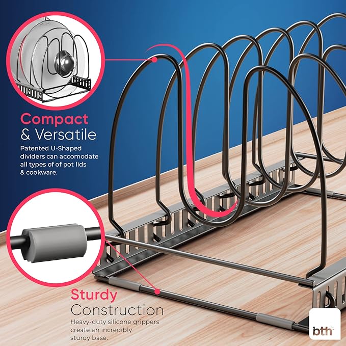 Better Things Home 7.5” Wide 6-Slot Adjustable Large Pan and Pot Lid Organizer with Scratch-Free Pads, Single Large Rack with 6 Adjustable Dividers, Cutting Boards, Baking Sheet, Inside Cabinet - Image 3
