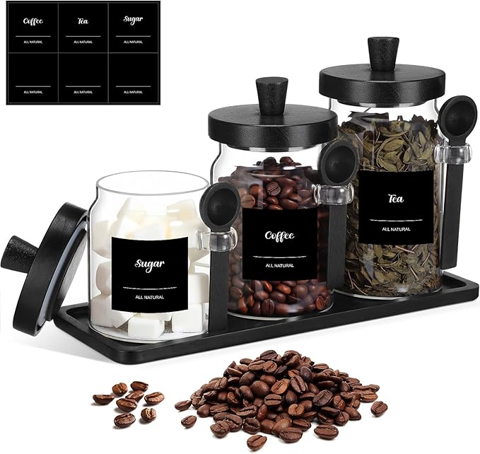 Suclain 3 Pcs Glass Coffee Container with Wooden Lid Spoon Shelf Labels Clear Airtight Jar Food Storage Canister Set for Sugar Spice Coffee Bean Holder Housewarming Gift (13.5,20,25 oz,Black Bamboo) by Suclain
