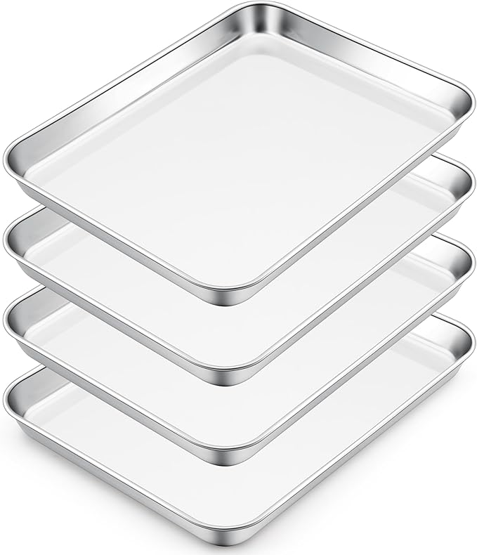 E-far Small Baking Sheet Set of 4, 10.5”x8.3” Stainless Steel Cookie Sheets Pans, Compact Non-toxic Metal Toaster Oven Trays for Cake, Healthy & Rust Free, Mirror Finish & Dishwasher Safe by E-far