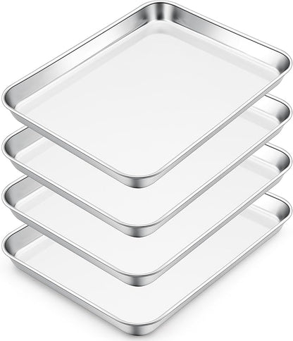 E-far Small Baking Sheet Set of 4, 10.5”x8.3” Stainless Steel Cookie Sheets Pans, Compact Non-toxic Metal Toaster Oven Trays for Cake, Healthy & Rust Free, Mirror Finish & Dishwasher Safe by E-far