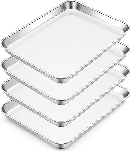 E-far Small Baking Sheet Set of 4, 10.5”x8.3” Stainless Steel Cookie Sheets Pans, Compact Non-toxic Metal Toaster Oven Trays for Cake, Healthy & Rust Free, Mirror Finish & Dishwasher Safe by E-far