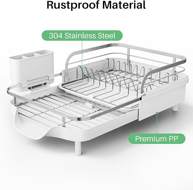 SNTD Dish Drying Rack, Expandable Dish Rack for Kitchen Counter, Stainless Steel Dish Drainer with Drainboard Set and Utensil Holder (White) - Image 4