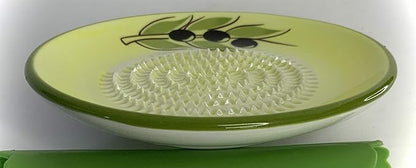 BonCera, All-in-one Premium Ceramic Garlic Grater Plate 4-Piece Set - Yellow Olive Design, Classic Style - For Garlic, Ginger, Chocolate, and more! - Comes with 5.25" Plate, Peeler, Brush, and Stand