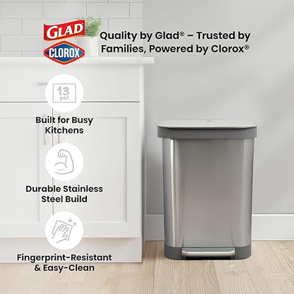 Glad Stainless Steel Step Trash Can, Series 2 with Clorox Protection - Large Metal Kitchen Garbage Bin with Soft Close Lid, Foot Pedal and Waste Bag Roll Holder, 13 Gallon - Image 9