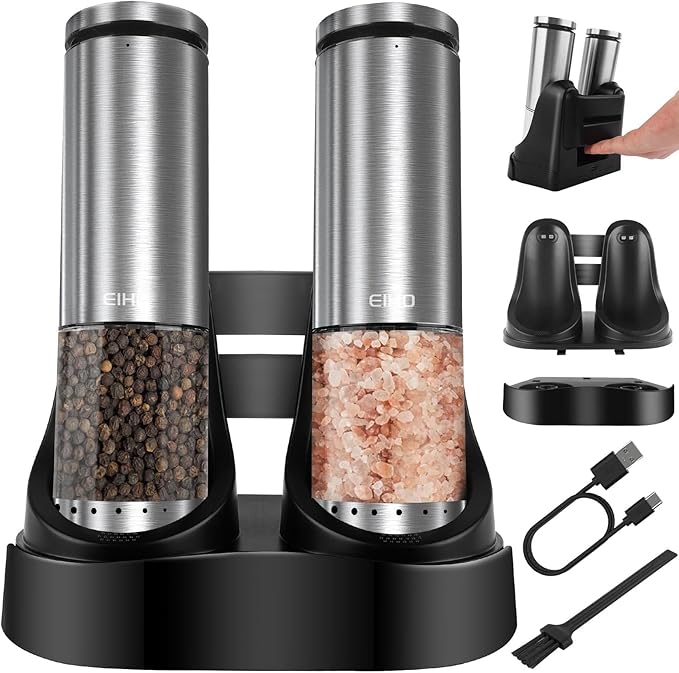 EIHO Electric Salt and Pepper Grinder Set USB Rechargeable, Upgraded External Adjustable Coarseness, Stainless Steel Automatic Salt and Pepper Shakers Mills with LED Light, House Warming Cooking Gifts by EIHO