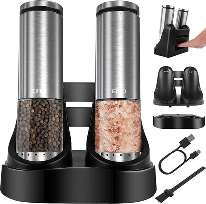 EIHO Electric Salt and Pepper Grinder Set USB Rechargeable, Upgraded External Adjustable Coarseness, Stainless Steel Automatic Salt and Pepper Shakers Mills with LED Light, House Warming Cooking Gifts by EIHO