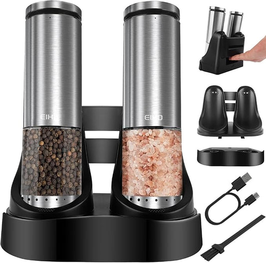 EIHO Electric Salt and Pepper Grinder Set USB Rechargeable, Upgraded External Adjustable Coarseness, Stainless Steel Automatic Salt and Pepper Shakers Mills with LED Light, House Warming Cooking Gifts by EIHO
