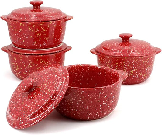 4-Pack 10 Oz Ceramic Mini Cocotte Set with Lids & Handles, Oven-Safe Stoneware Ramekins for Soufflé, Soup, Cobbler, Individual Baking & Serving,Red