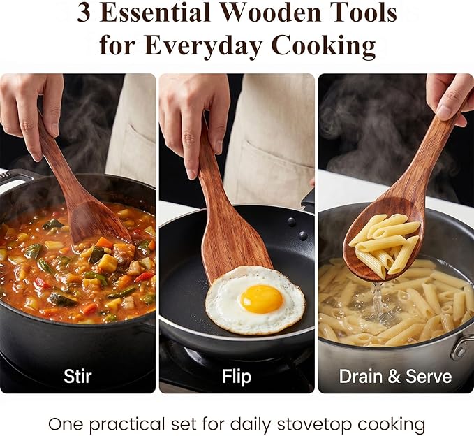 HANSGO Wooden Spoons for Cooking, 3PCS Kitchen Utensils Set for Nonstick Pans, 12Inch Wooden Spatula for Stirring Frying Mixing, Sturdy & Smooth Edges, Kitchen Gifts for Women, Cooking Gifts for Men - Image 2