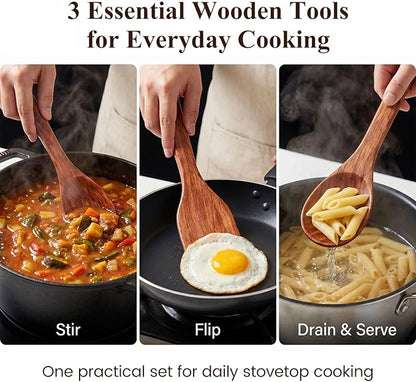 HANSGO Wooden Spoons for Cooking, 3PCS Kitchen Utensils Set for Nonstick Pans, 12Inch Wooden Spatula for Stirring Frying Mixing, Sturdy & Smooth Edges, Kitchen Gifts for Women, Cooking Gifts for Men - Image 2