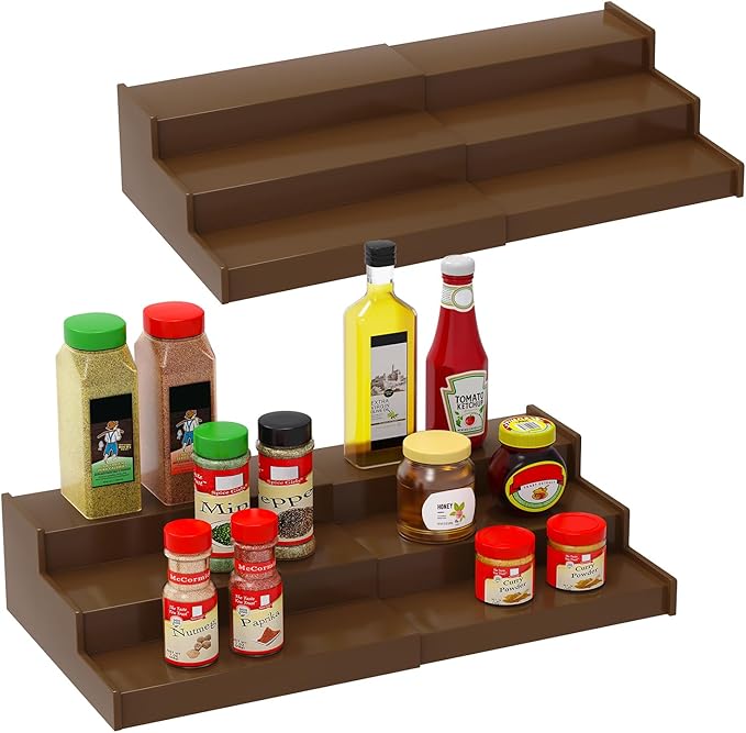 Lenwi Spice Rack Organizer for Cabinet 2 Pack, 3 Tier Expandable Bamboo Spice Storage for Kitchen Cupboard Pantry, Brown by Lenwi