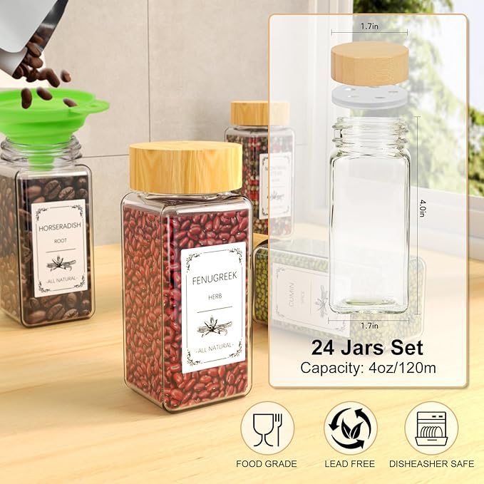 24 Spice Jars with Spice Drawer Organizer, 355 Spice Labels, 2 Pack Expandable From 11'' to 21'' Acrylic Spice Rack for Drawer, Seasoning Containers Storage Organization for Kitchen Cabinet Countertop - Image 3