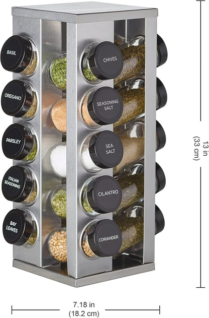 Kamenstein 20 Jar Heritage Revolving Countertop Spice Rack Organizer with Spices Included, FREE Spice Refills for 5 years, Brushed Stainless Steel with Black Caps (Pack of 3) - Image 4