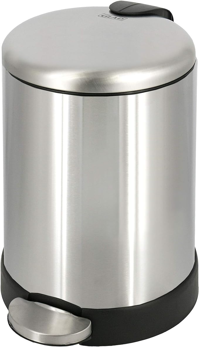 Glad Small Trash Can, 1.2 Gallon | Round Stainless Steel Garbage Bin with Soft Close Lid & Step Foot Pedal | Metal Waste Basket with Removable Inner Bucket, Stainless, 8 x 9.5 x 12 inches