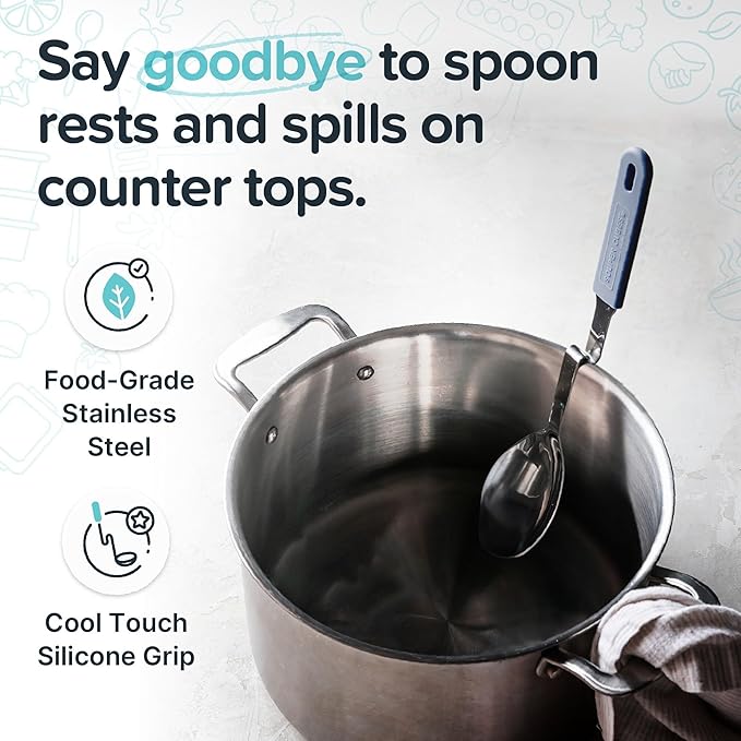 Souper Cubes + Lori Greiner No Mess Stainless Steel Cooking Spoon with Silicone Handle - Stainless Steel Serving Spoon No Mess Design Hooks on Side of Any Pot - Blueberry - Image 3